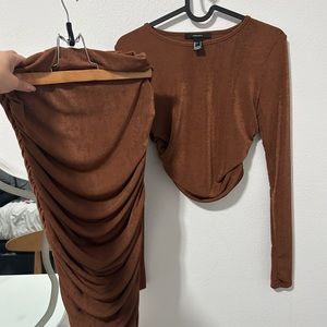 Two Piece Set Skirt Top Ruched Brown midi